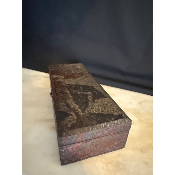 Antique Handcrafted Wooden Jewelry Box With Etching of Woman Satin Lining & Carv - Picture 5 of 9